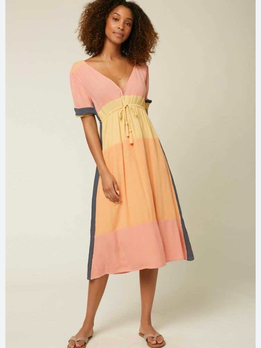 O'Neill Peach, Yellow & Gray Colorblock V‑Neck Midi Dress